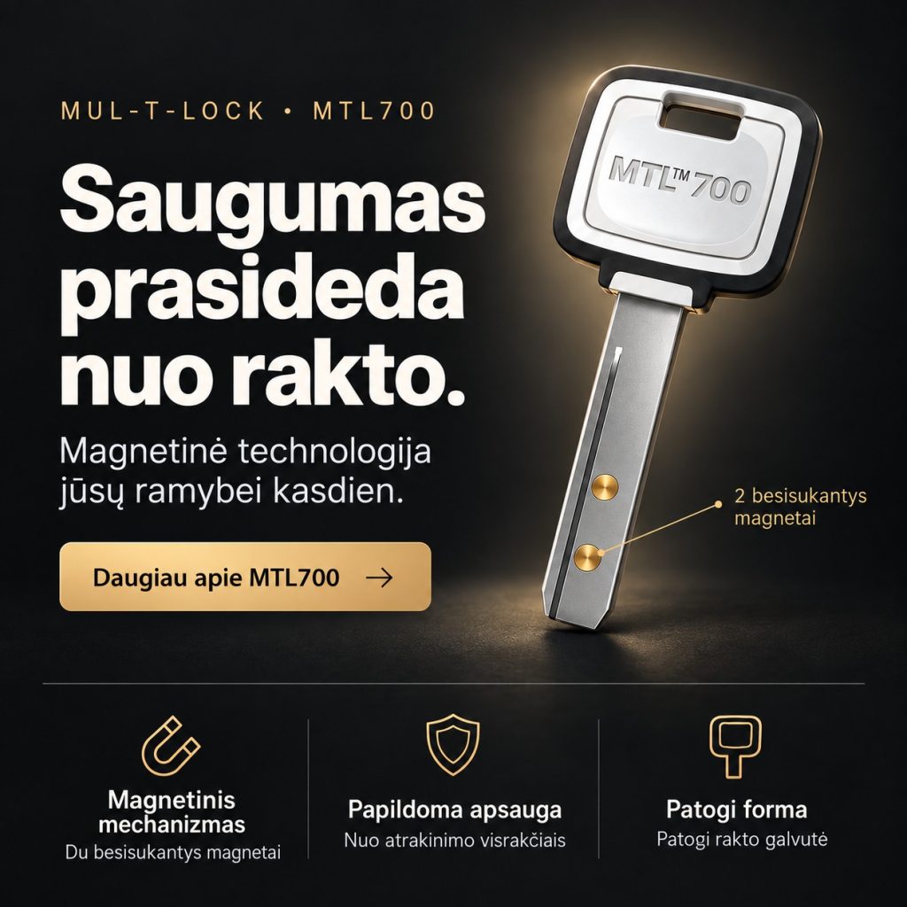 Mul-T-Lock MTL700 raktas su dviem besisukančiais magnetais – magnetinė apsauga nuo atrakinimo visrakčiais
